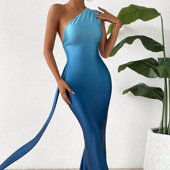 Blue Casual Womens One Shoulder Draped Side Mermaid Hem Dress - Picture 4 of 5